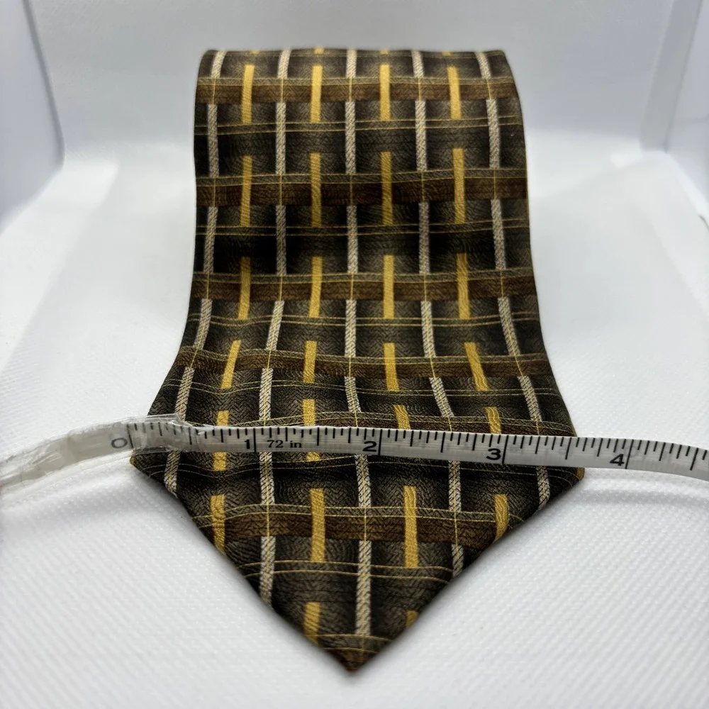 Paul Fredrick Necktie Mens Italian Silk Brown Gold Plaid Pattern Business Formal